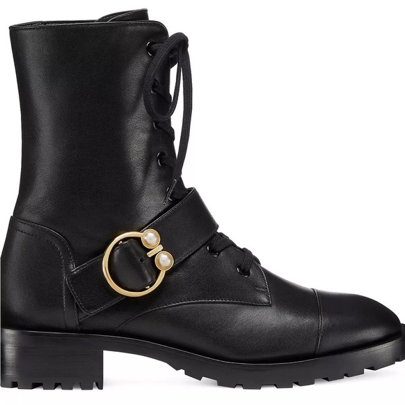Stuart Weitzman Pearlring Leather Ankle Combat Bootie Black